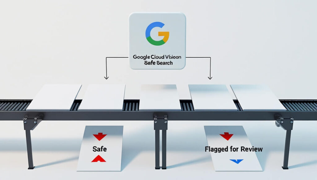 Google Cloud Vision Safe Search automatically detects and filters inappropriate visual content for online security and moderation.