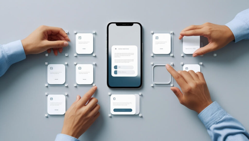 Depicts the process of using Figma for UI UX mockup generation, highlighting speed, component reuse, and collaborative workflow.