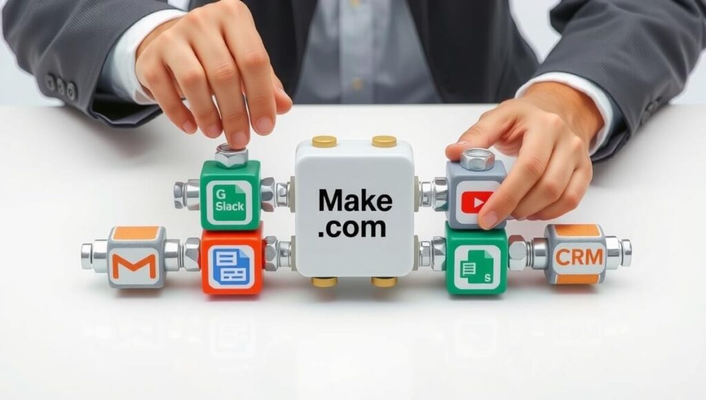 Make.com automates workflows and integrates various online applications without requiring code.