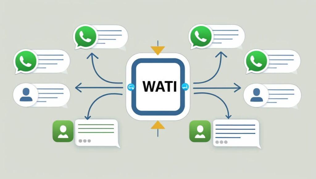 Visual representation of WATI automating and managing customer messages from WhatsApp and Messenger, routing them to chatbots or human agents for efficient support.
