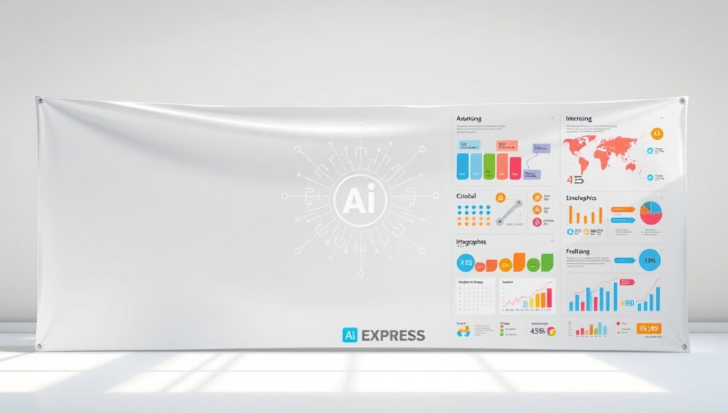 Adobe Express AI rapidly generates and arranges design elements such as graphics, text, and data visualizations onto banners, posters, and infographics, streamlining the creation of professional visual content.
