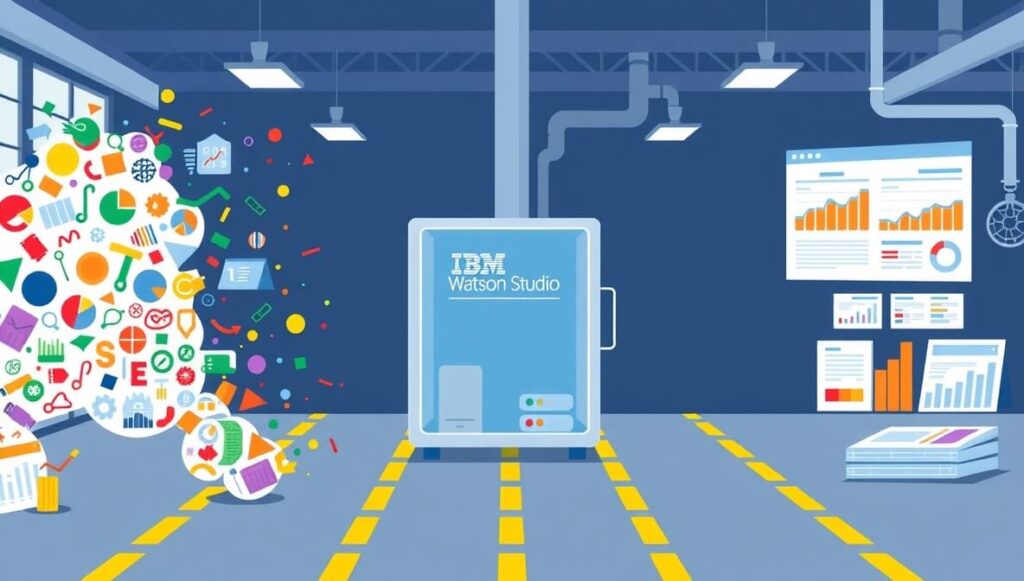 IBM Watson Studio is shown automating data analysis, transforming raw, chaotic data into structured, actionable business insights and clear reports.