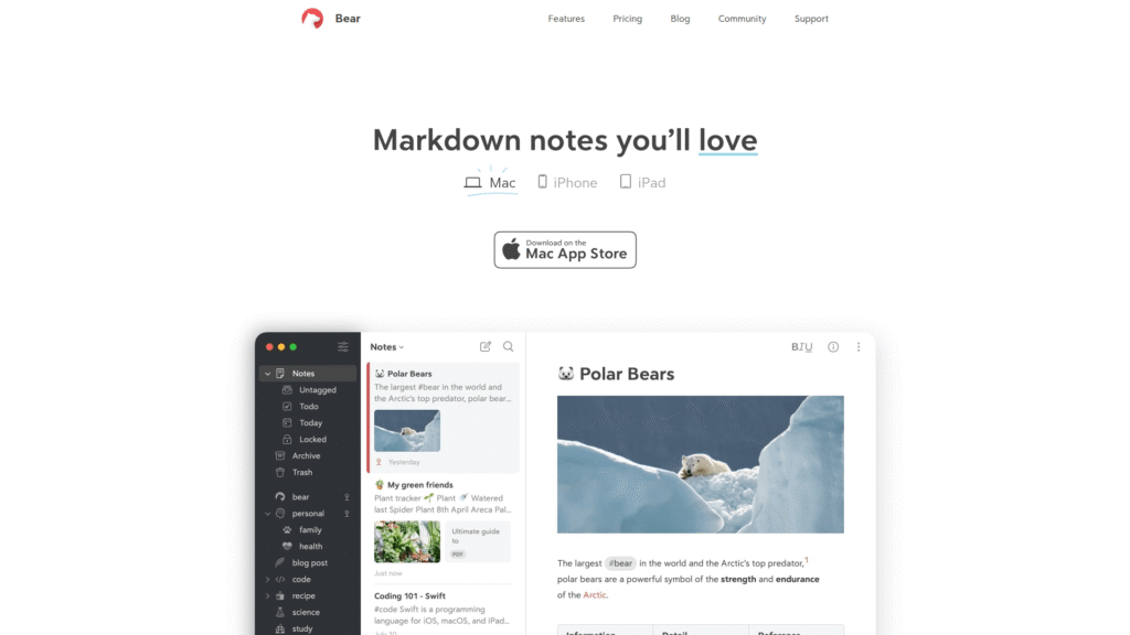 Bear among ai note taking apps